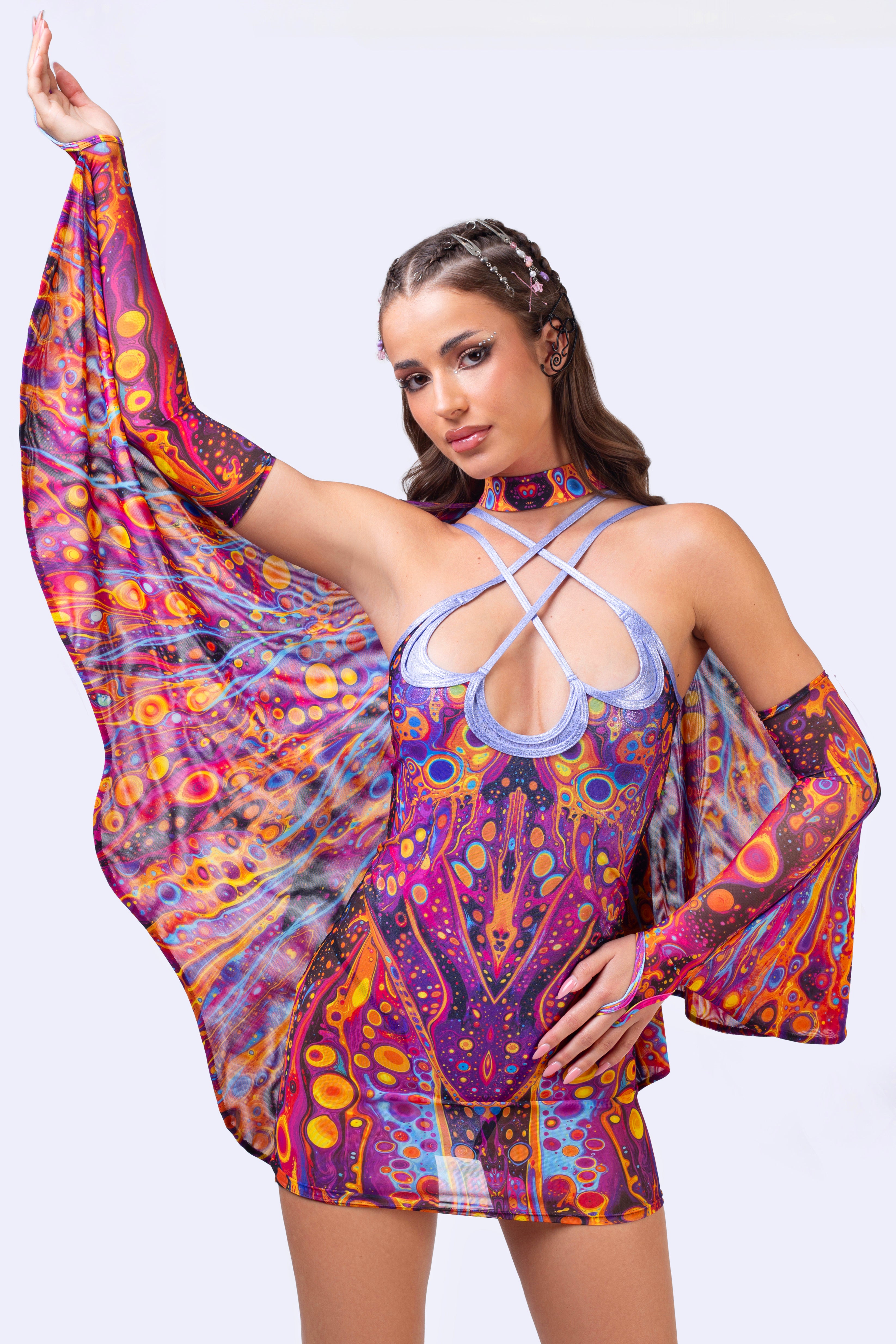 Bodycon Rave Dress with Draped Sleeves and Criss Cross Neck