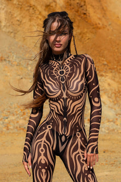 Woman at an EDM concert with mesh full bodysuit