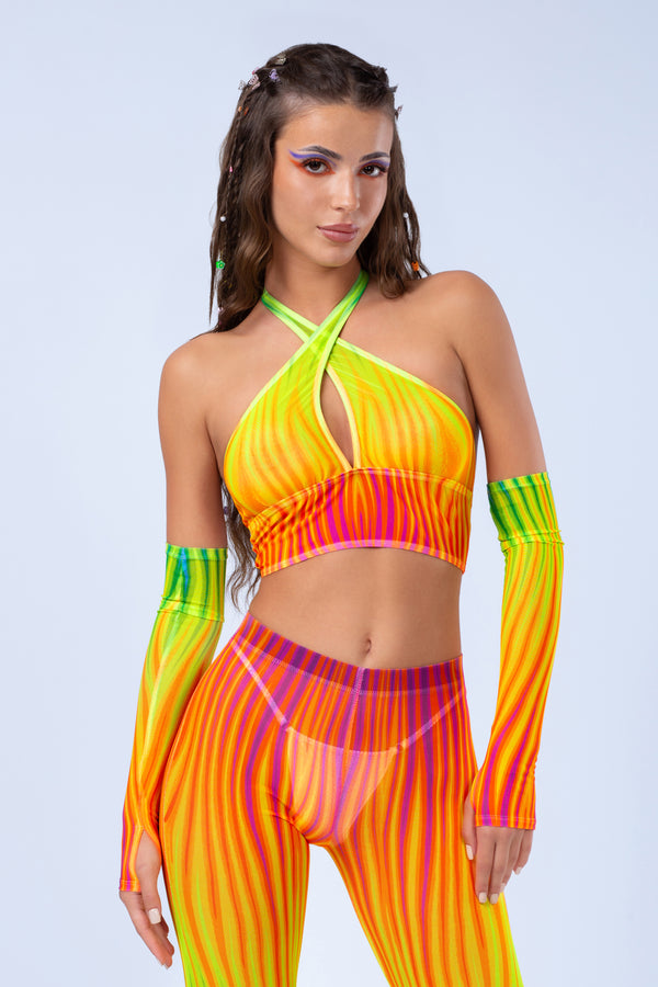 Neon Regenbogen Flammen Criss Cross Mesh Top