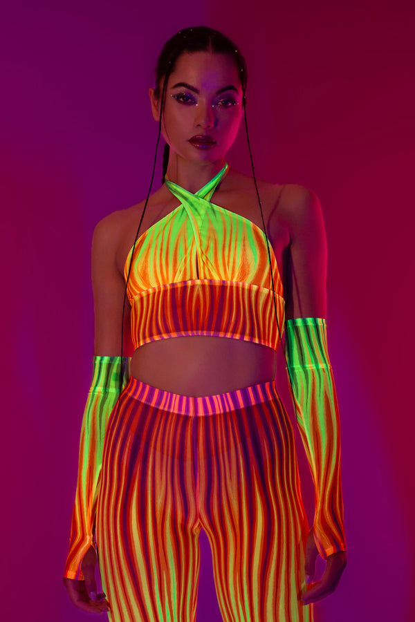 Neon Regenbogen Flammen Criss Cross Mesh Top