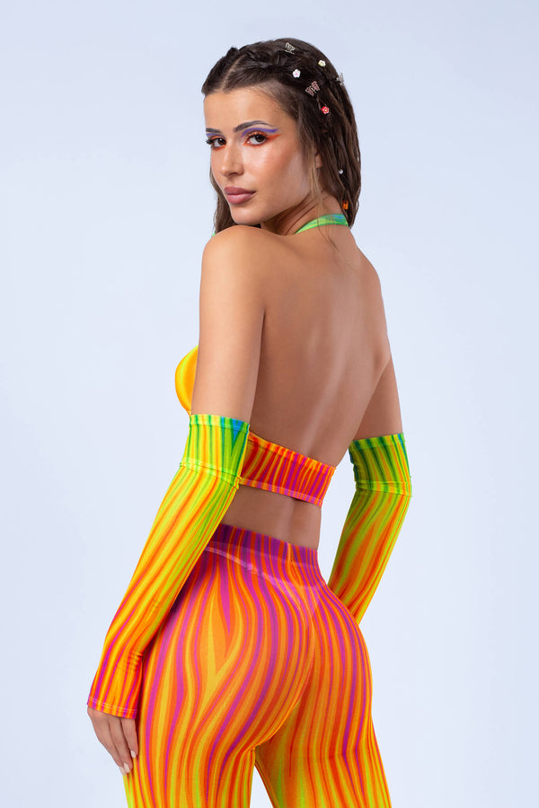 Neon Regenbogen Flammen Criss Cross Mesh Top
