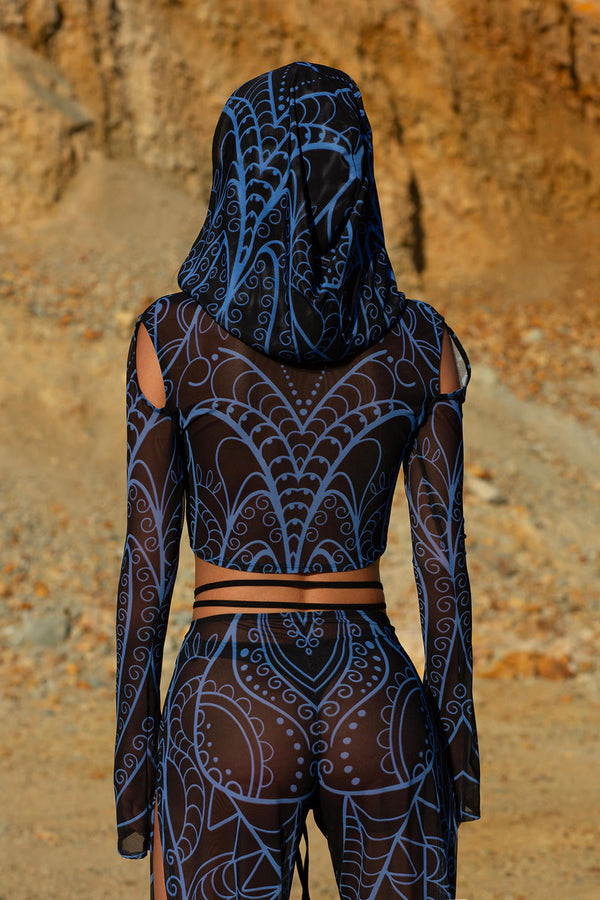 Blaues Occult Kapuzen-Mesh-Top