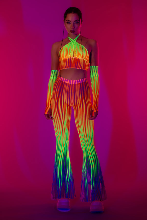 Neon Regenbogen Flammen Criss Cross Mesh Top