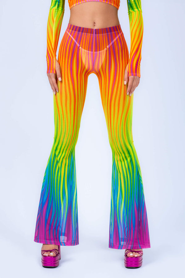 Neon Regenbogen Flammen Glockenboden Netzhose