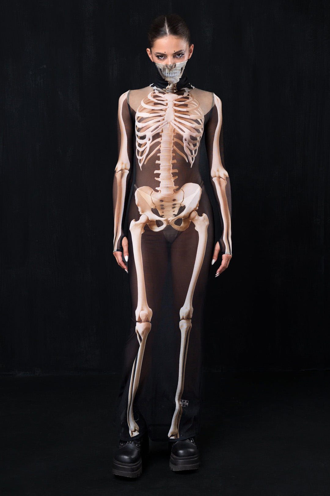 maxi high neck dress with realistic skeleton prints