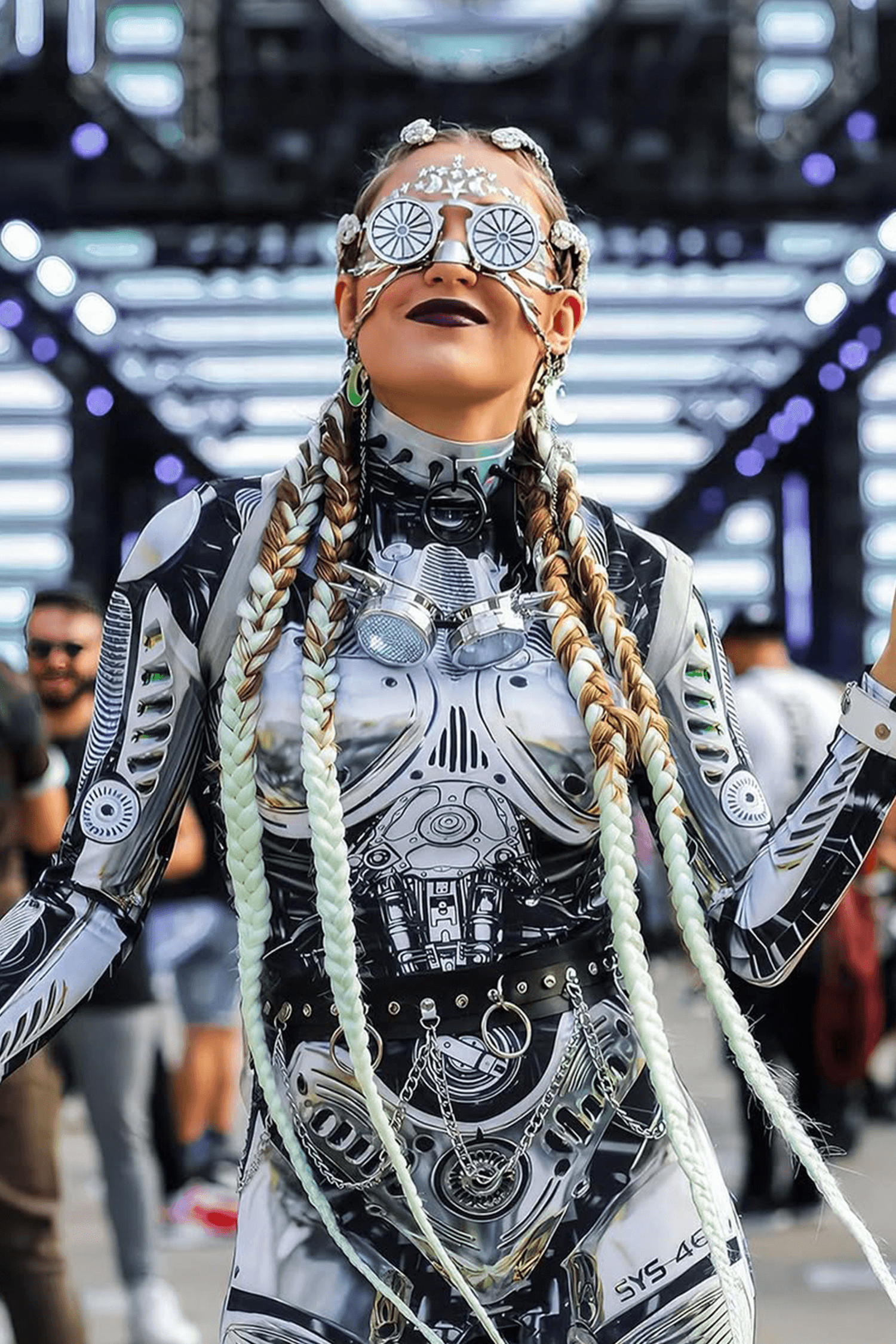 Woman at an EDM concert with futuristic cyber costume in metallic silver