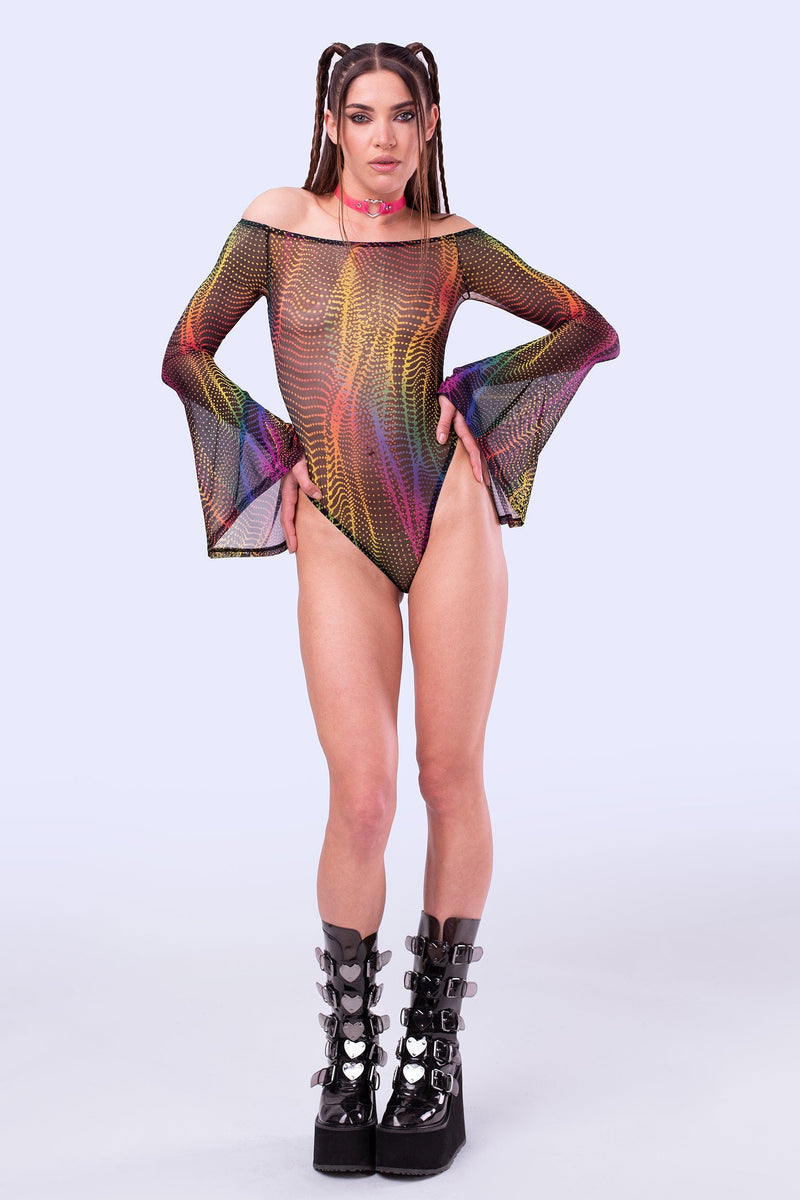 Rainbow Flame Bell sleeve Mesh Bodysuit – BADINKA