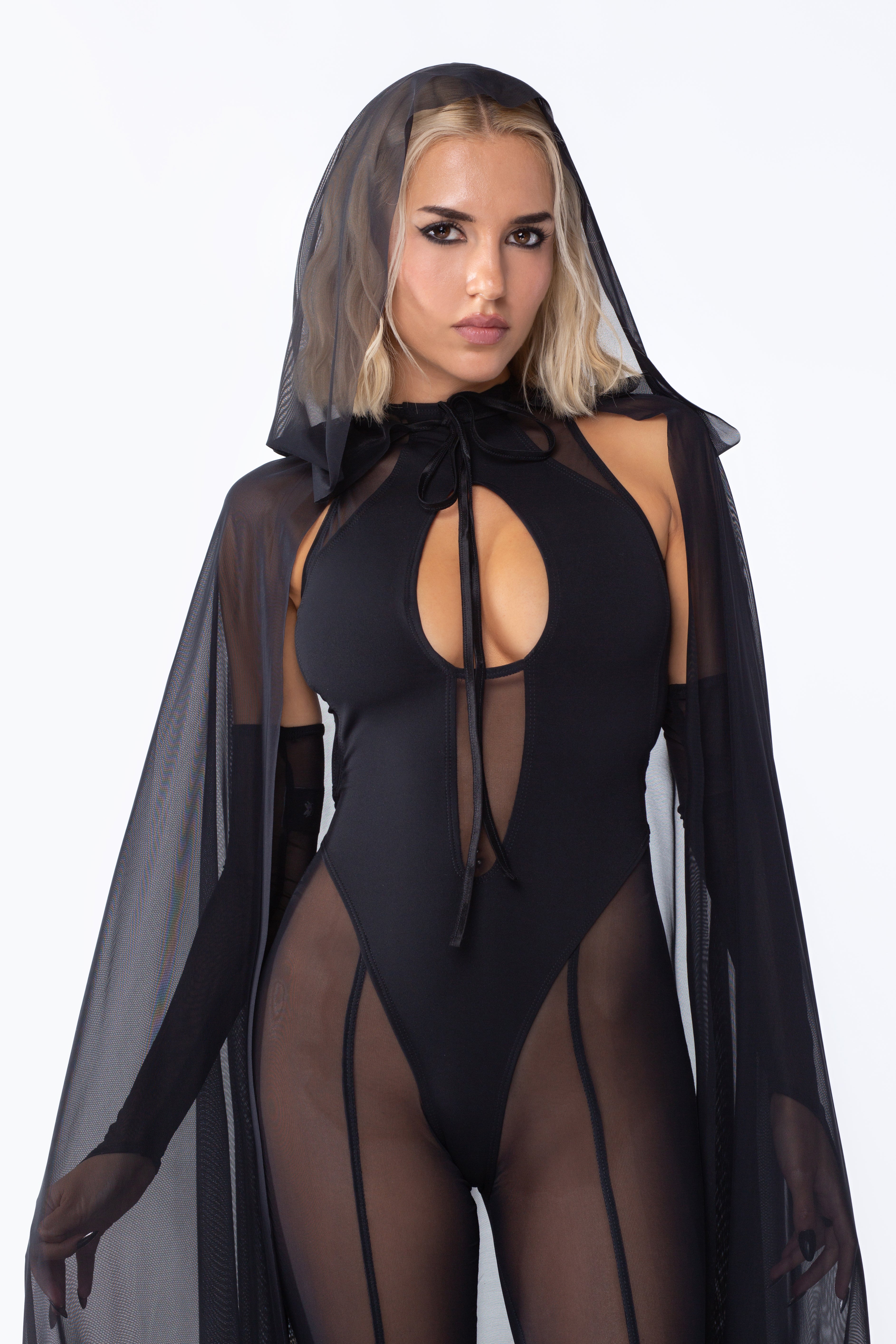 hot halloween dress Lilith Mesh Sleeveless Romper + Hooded Mesh Cape