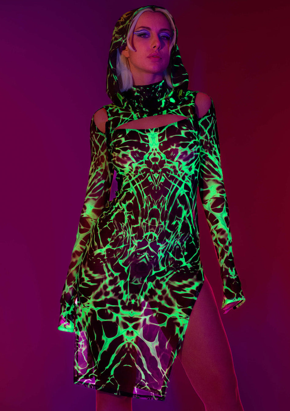 neon-lit mesh hooded dress for the club