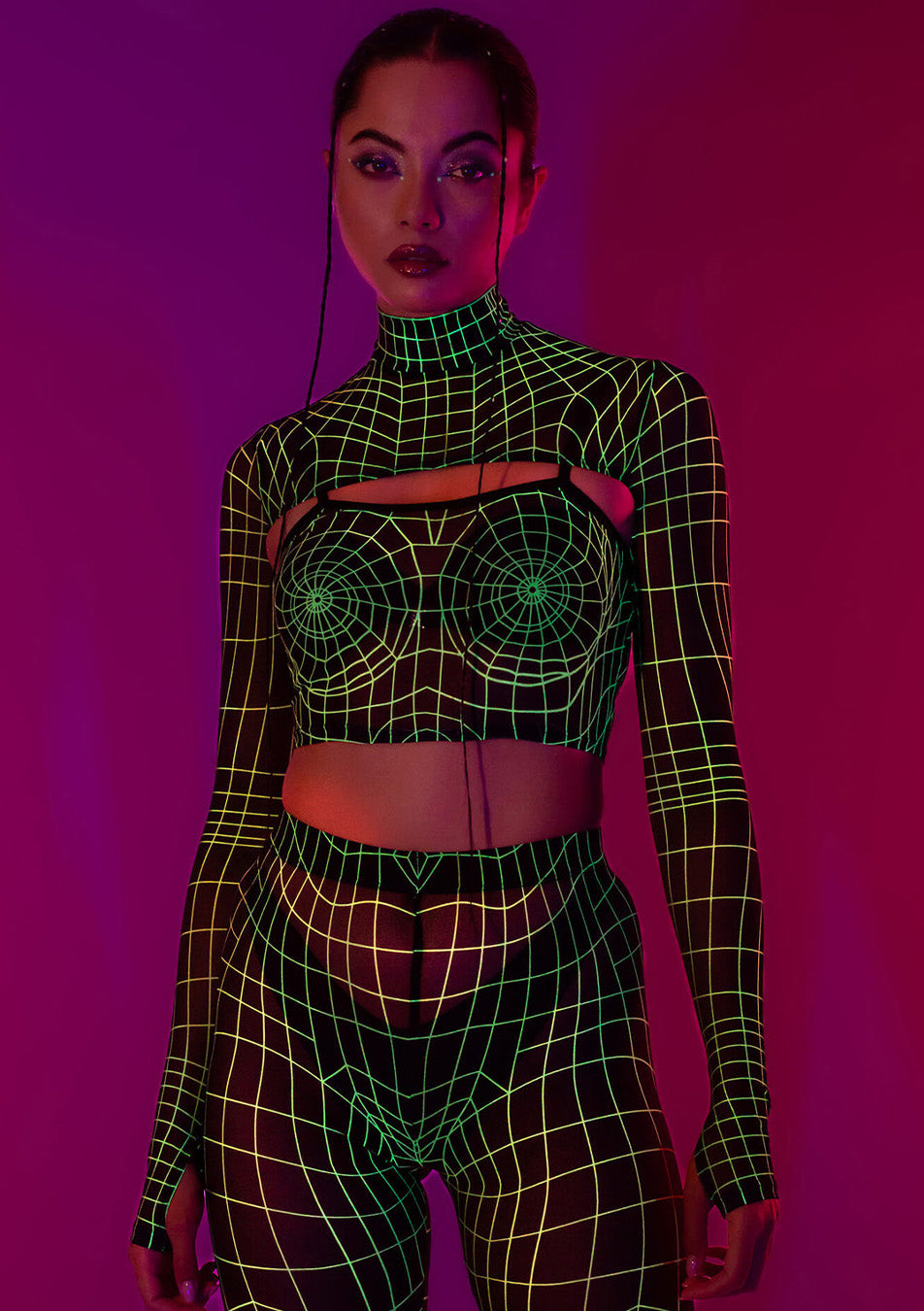 neon mesh two-piece set with a matching shrug