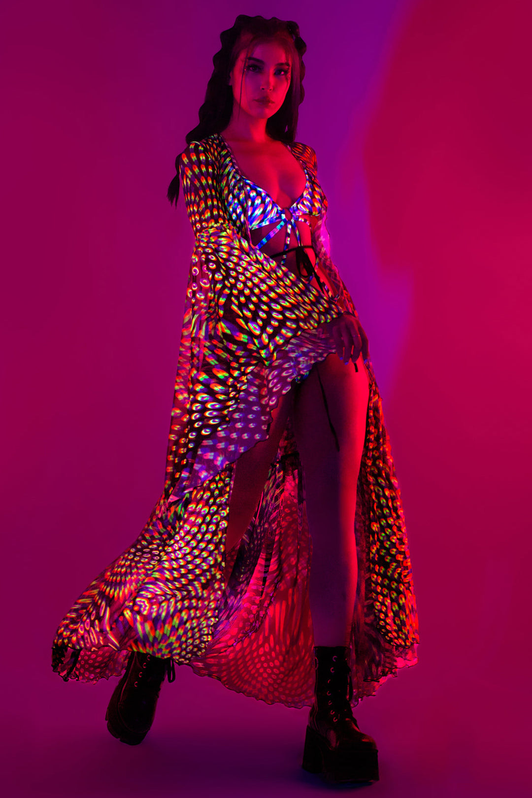 woman wearing a unisex sheer duster over a bodysuit for a festival