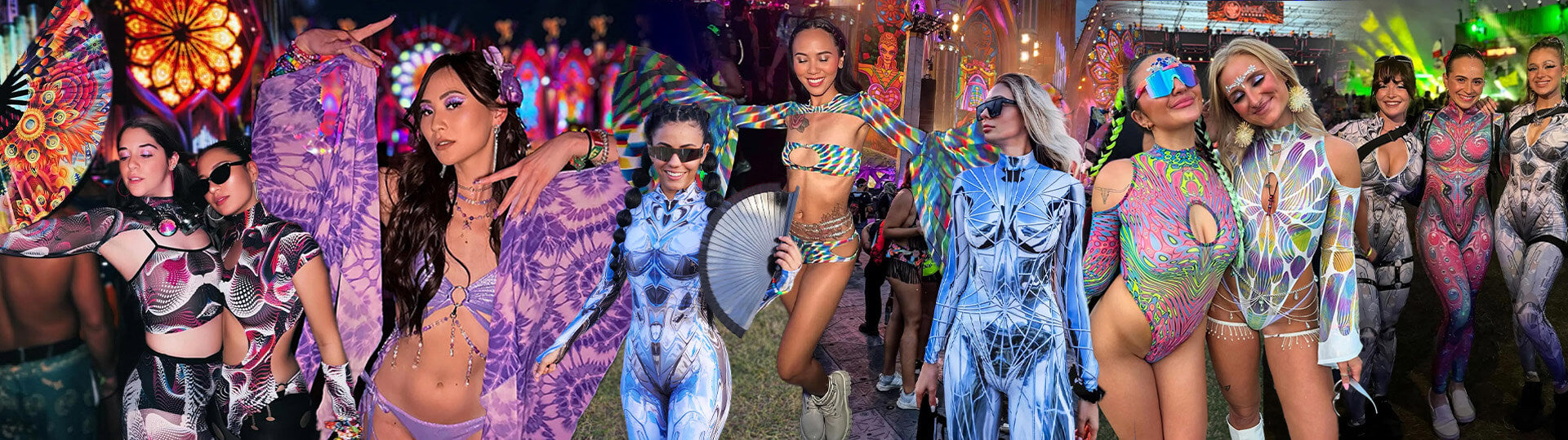 EDC outfit ideas featuring vibrant and futuristic rave clothes with bold colors and dynamic designs
