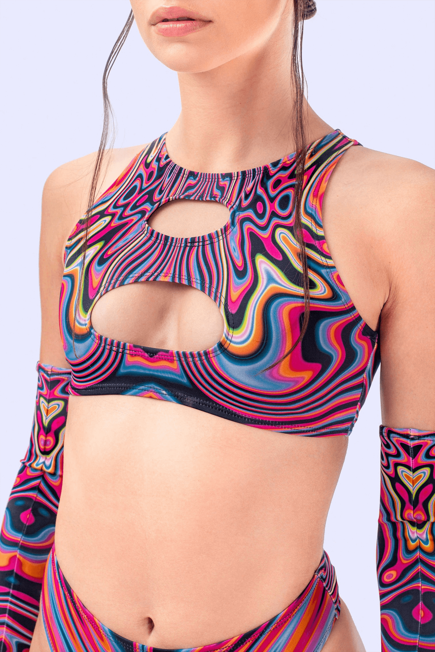Cut-out crop top with colorful waves in pink, blue, orange, and black