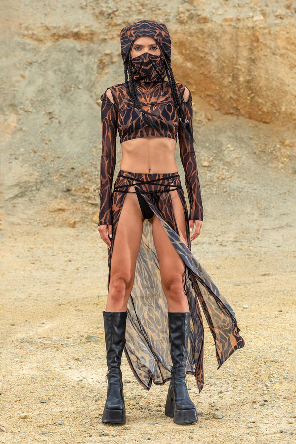 Animalistic Mesh Hooded Top and Slit Skirt Set