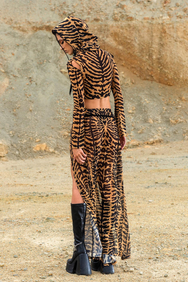 Wild Thread Mesh Hooded Top and Slit Skirt Set