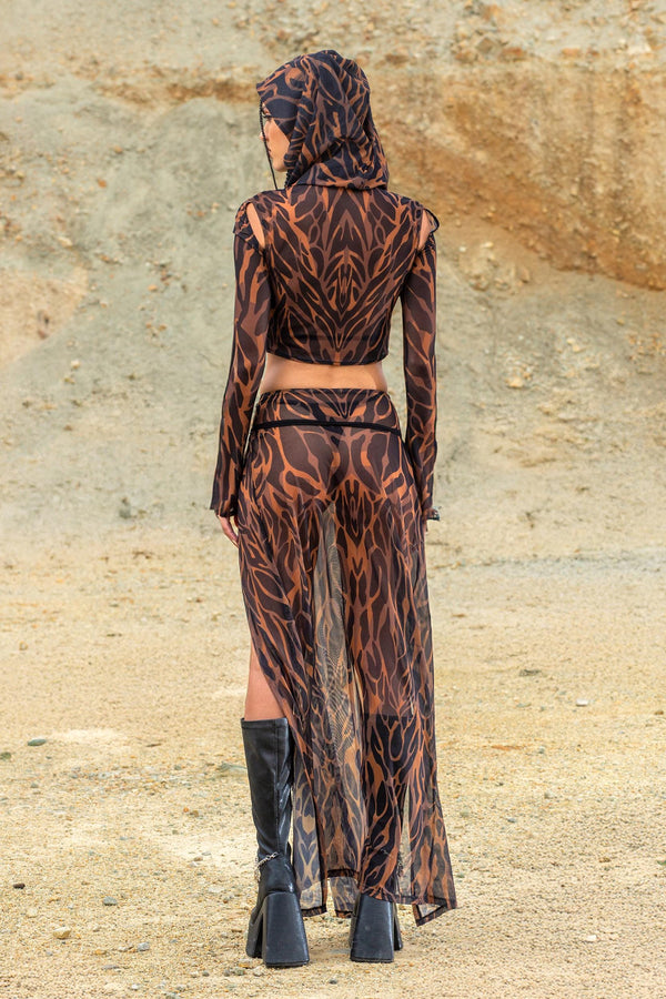 Animalistic Mesh Hooded Top and Slit Skirt Set