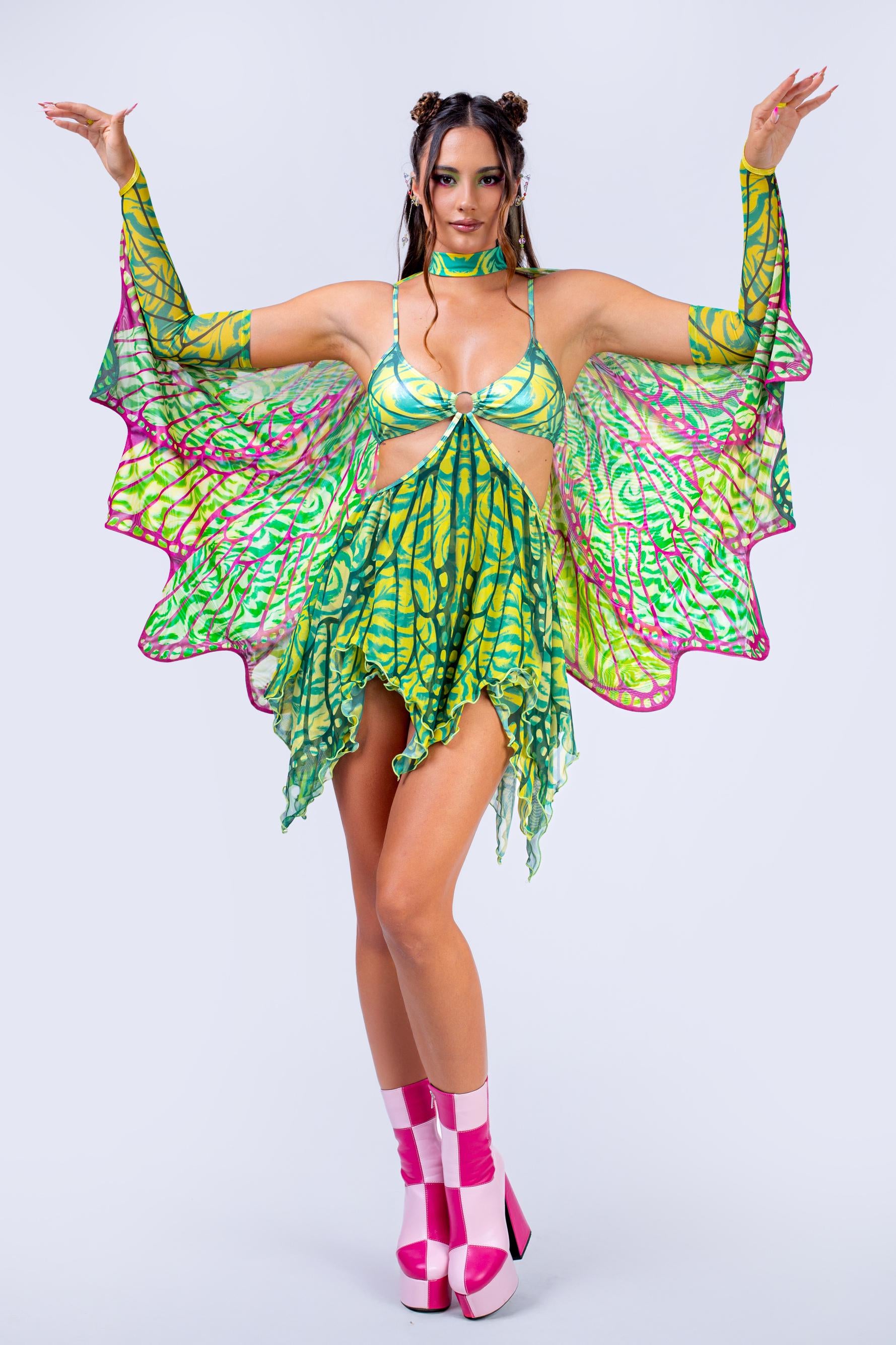Layered Asymmetric Fairy Dress with Double Print Wings