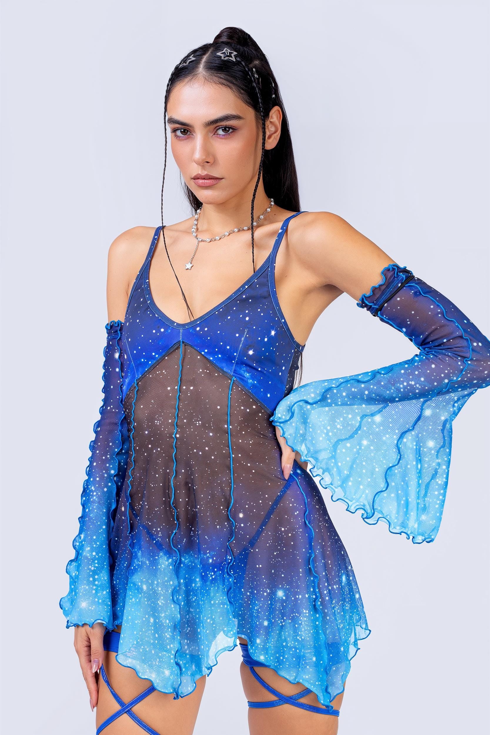 Women's Halloween Rave Festival Dress - Badinka Celestial Sprite Tulip Dress - Blue Mesh