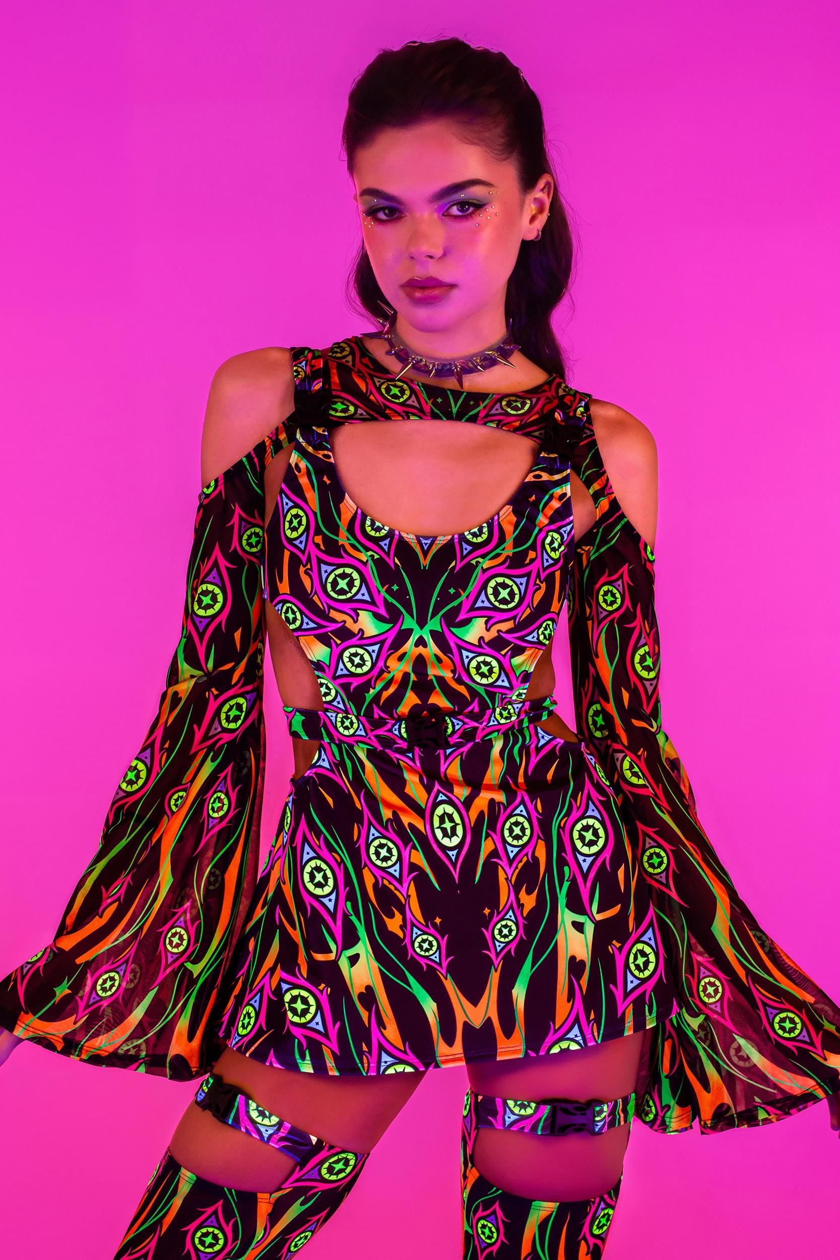 Women's UV Reactive Rave Festival Dress - Badinka Burning On Buckle Cutout Dress - Orange Mesh Spandex