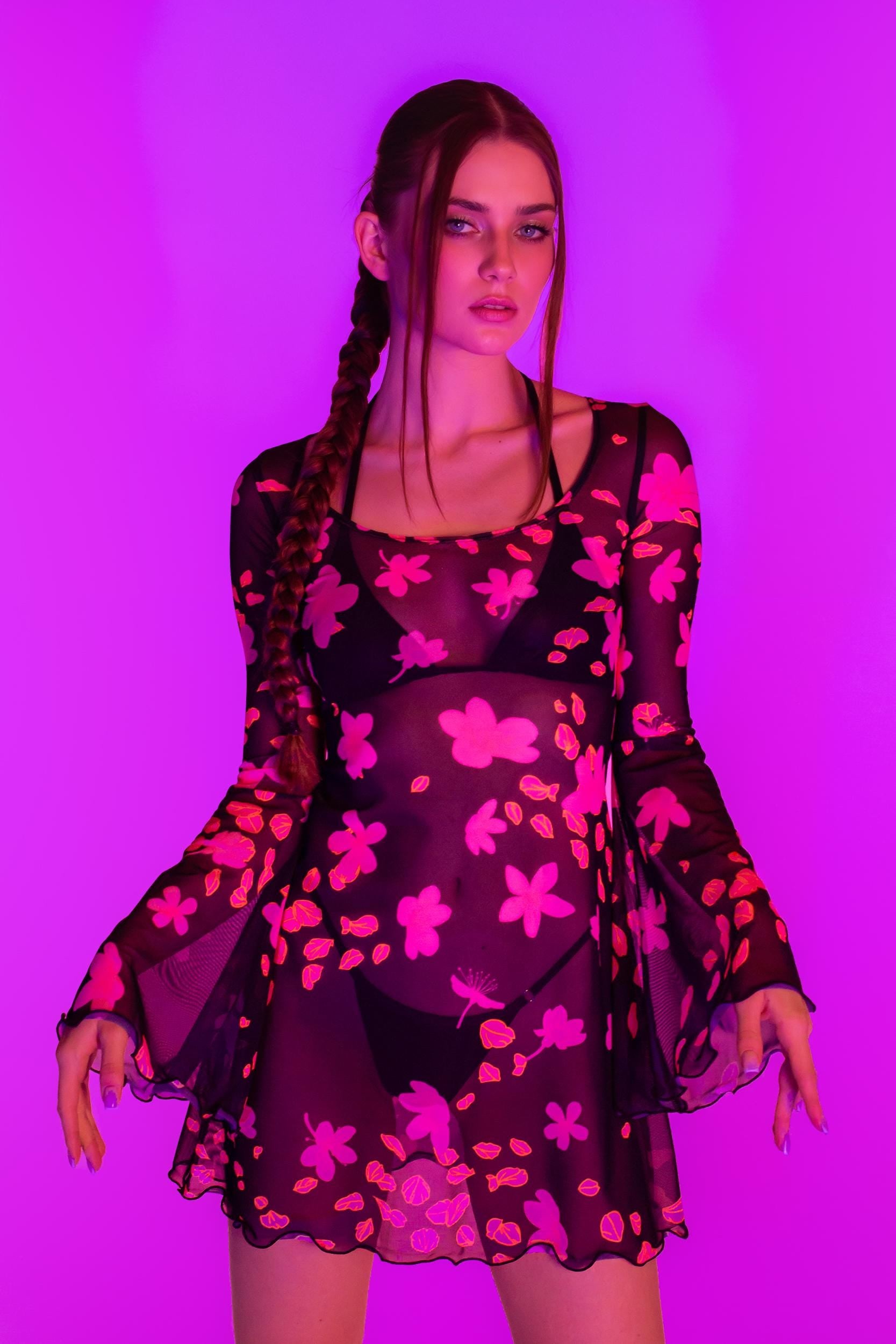 Women's UV Reactive Rave Festival Dress - Badinka Sakura Mesh Mini Dress - Black and Pink Mesh