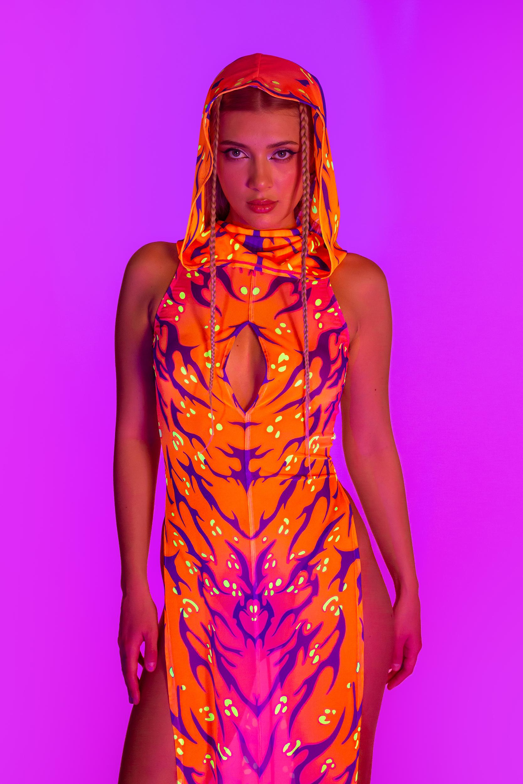 Fire Sign Hooded High Slit Dress