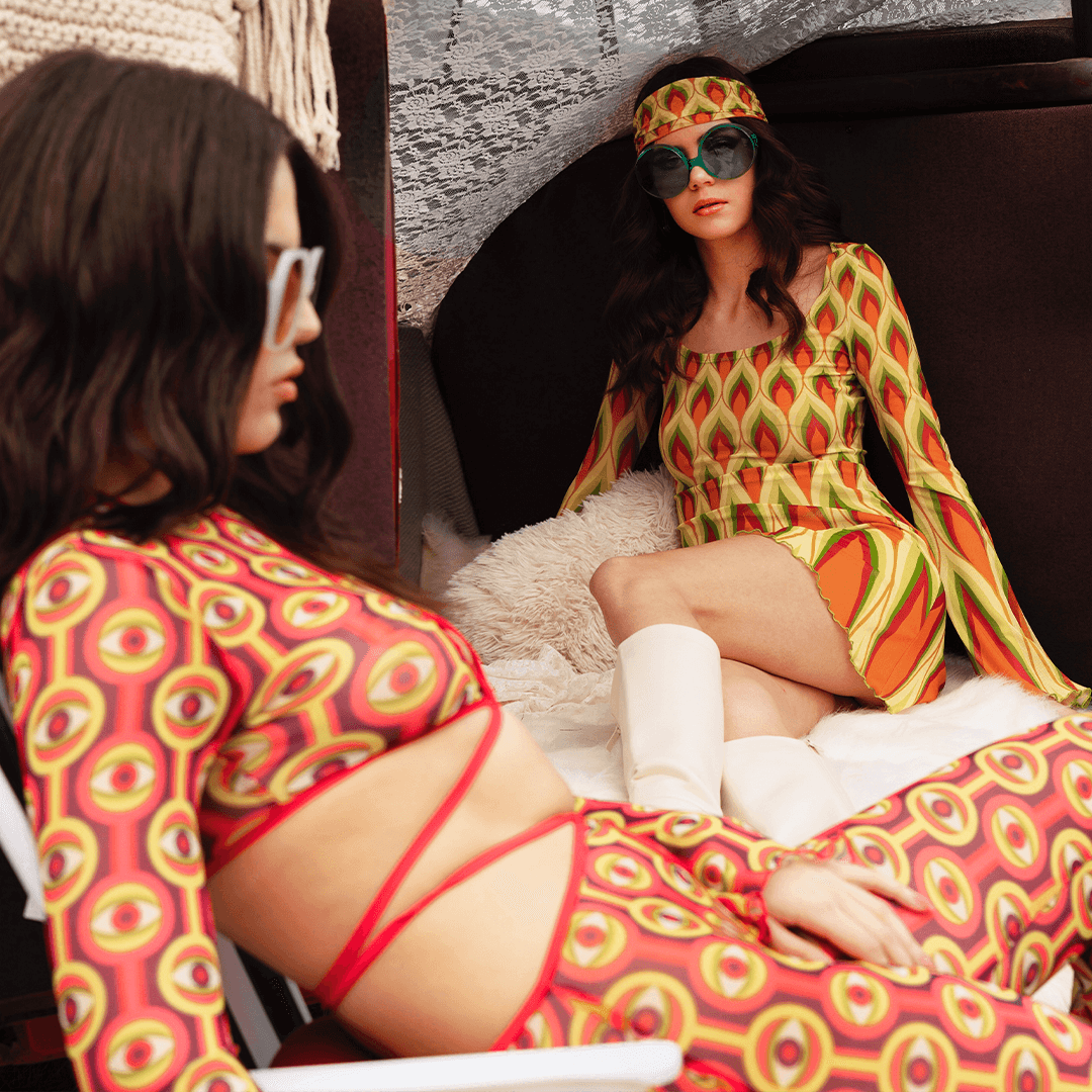 two rave girls with matching Coachella sets