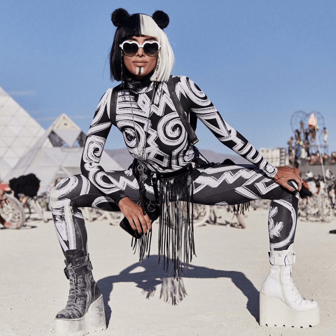 Woman wearing a printed costume at Burning Man