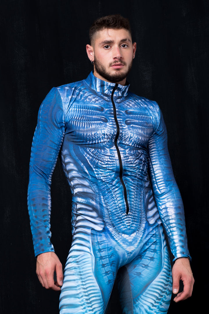 Man in sexy full-body costume printed with futuristic pattern