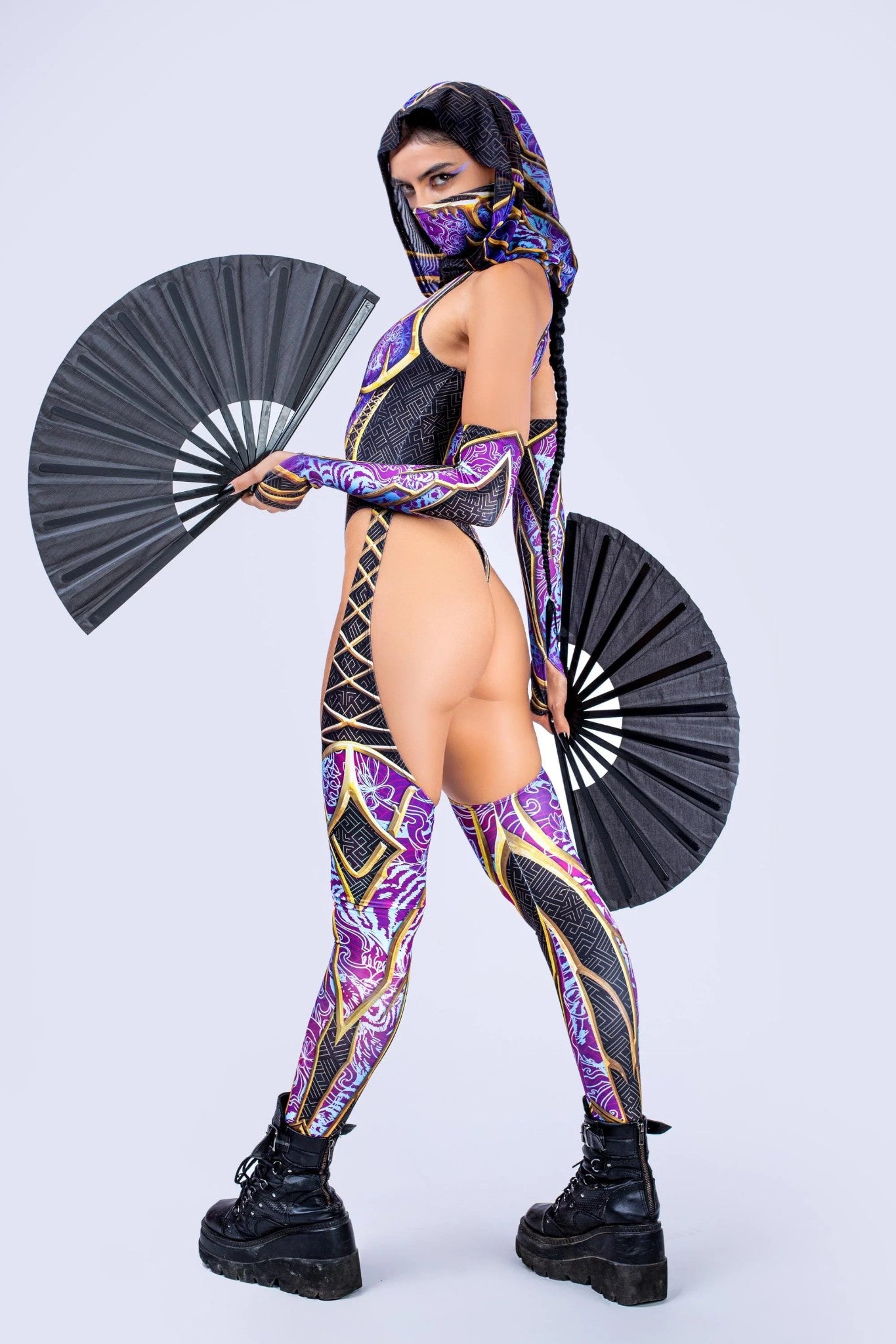 ninja women's Halloween character dressed in a cut-out catsuit