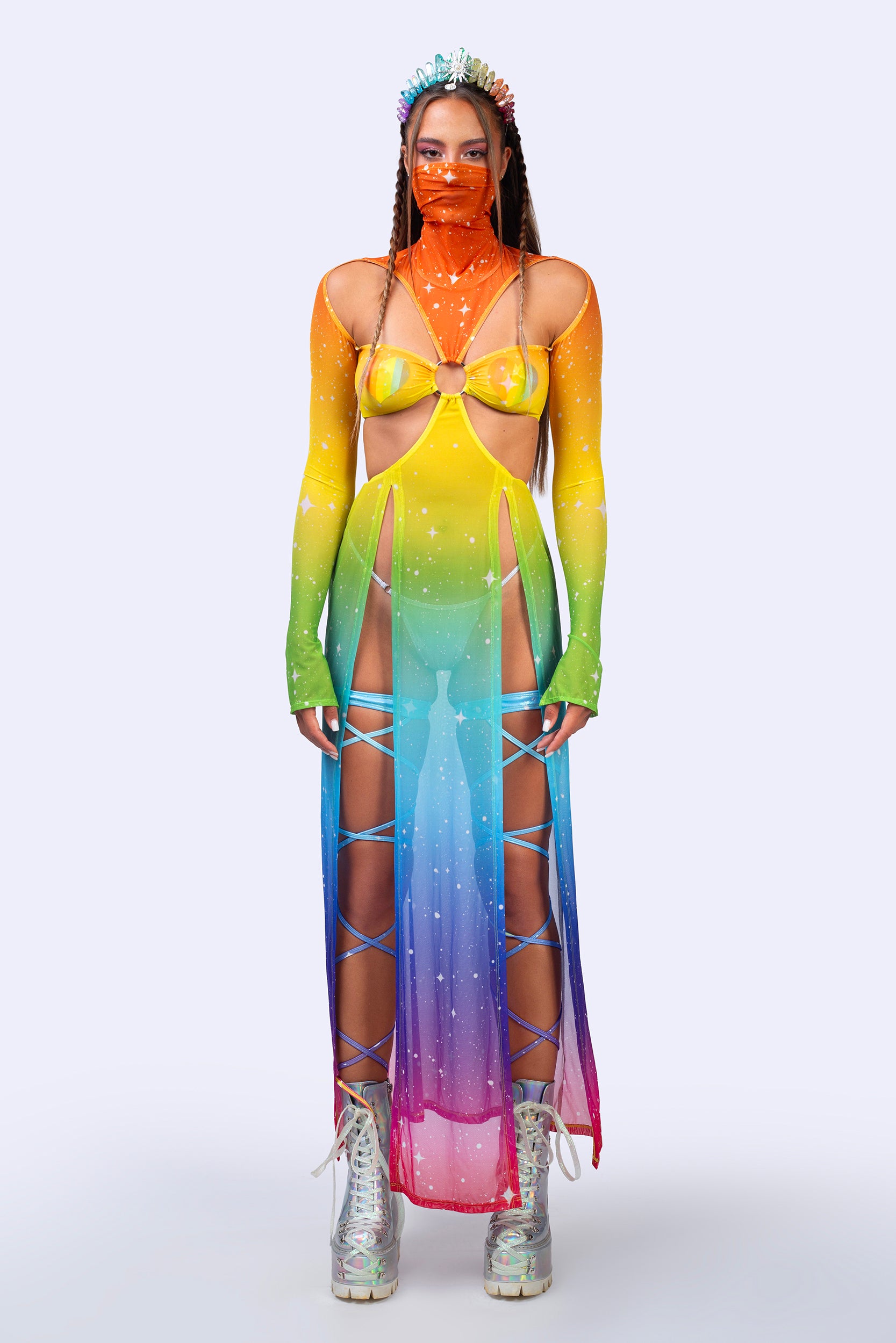 Rainbow Mesh Flowy Maxi Rave Dress for Women