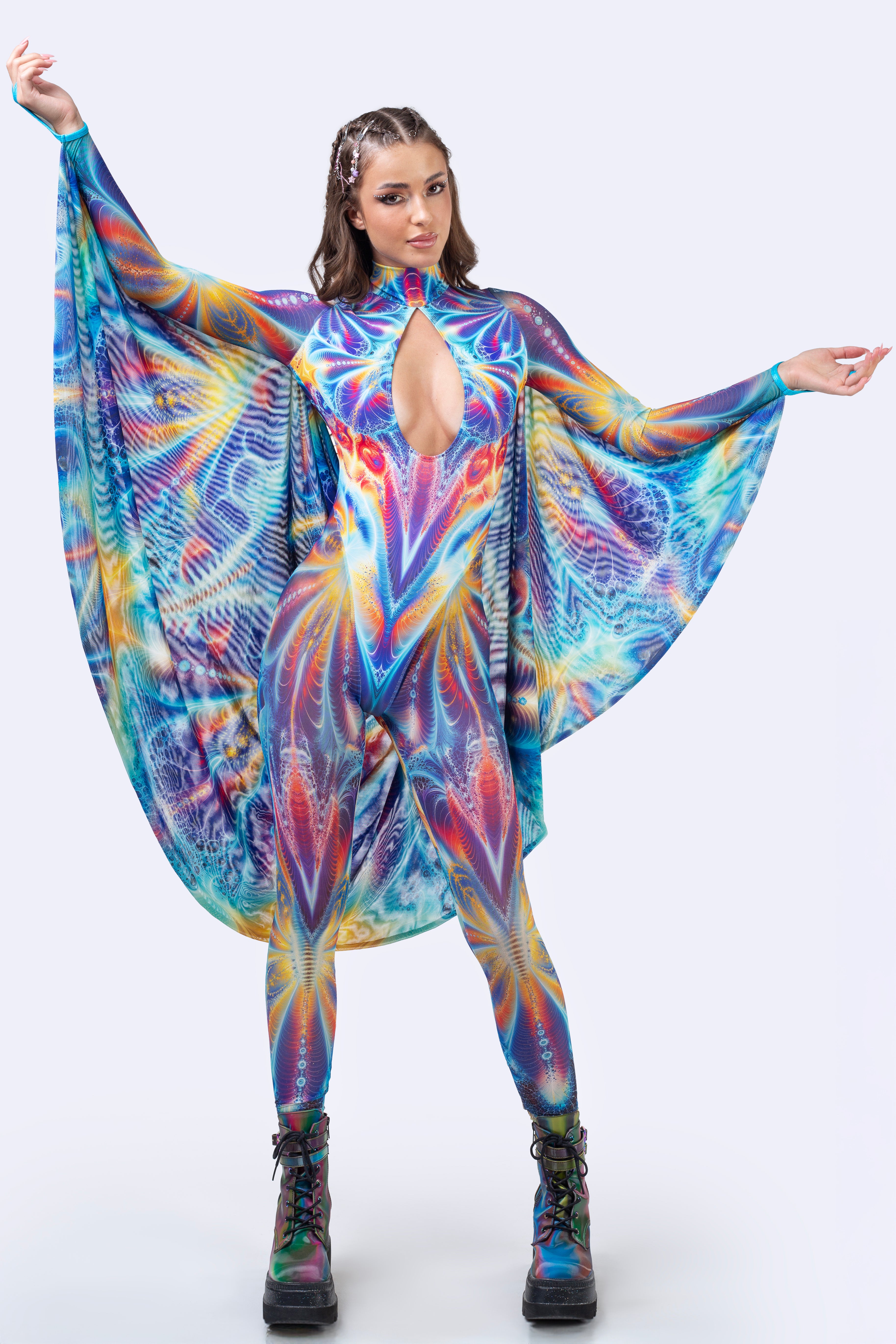 Keyhole Trippy Psychedelic Rave Catsuit with Built In Wings - BADINKA