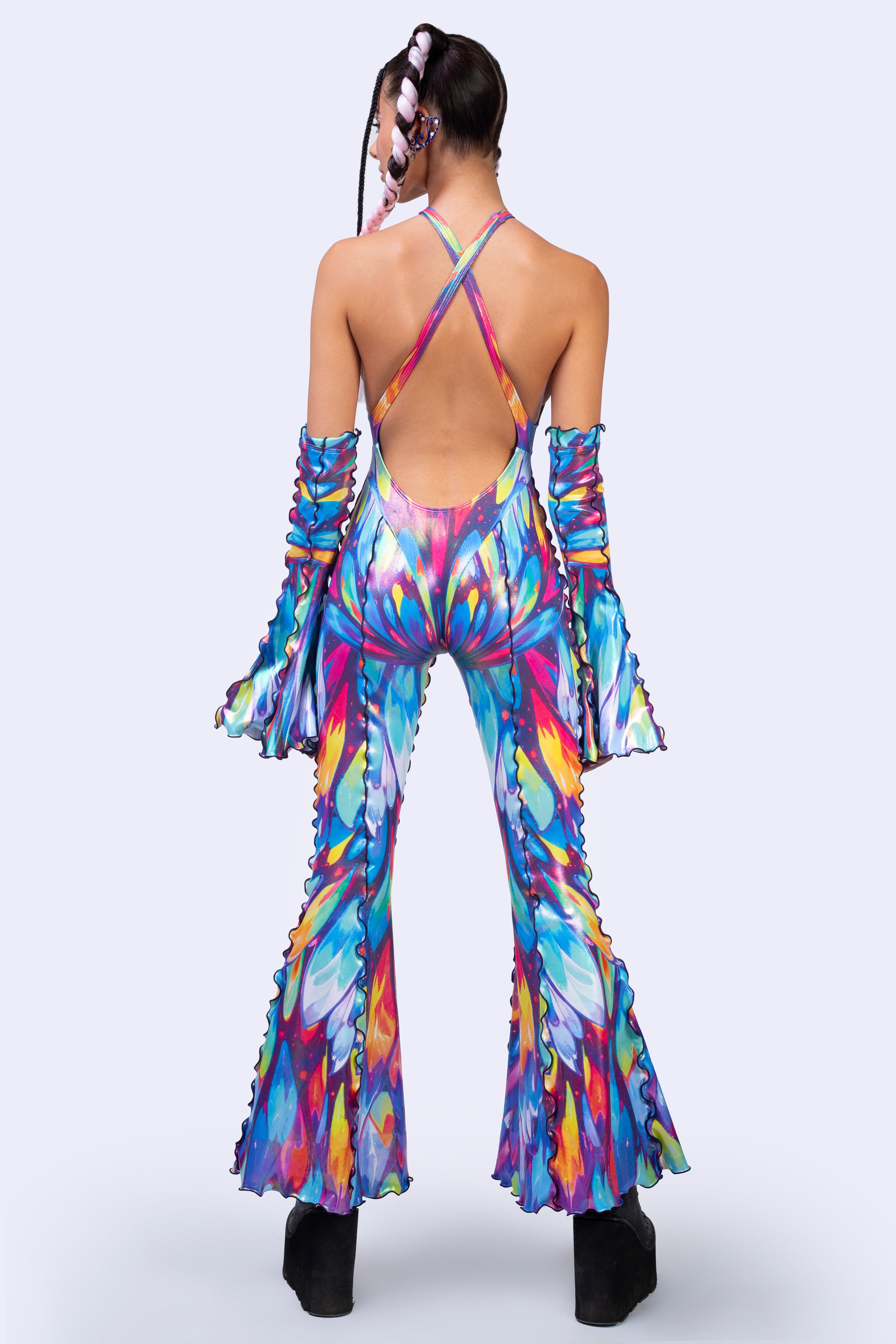 BADINKA Spin Theory Criss Cross Romper Bare-back, bell-bottoms, halter-neck