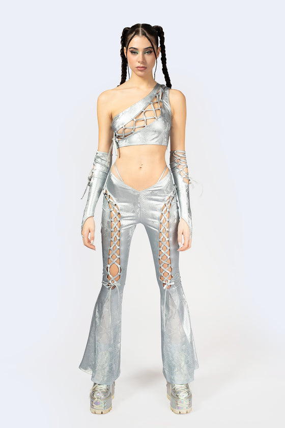 Hard To Get Lace Up One Shoulder Top and Pants Set