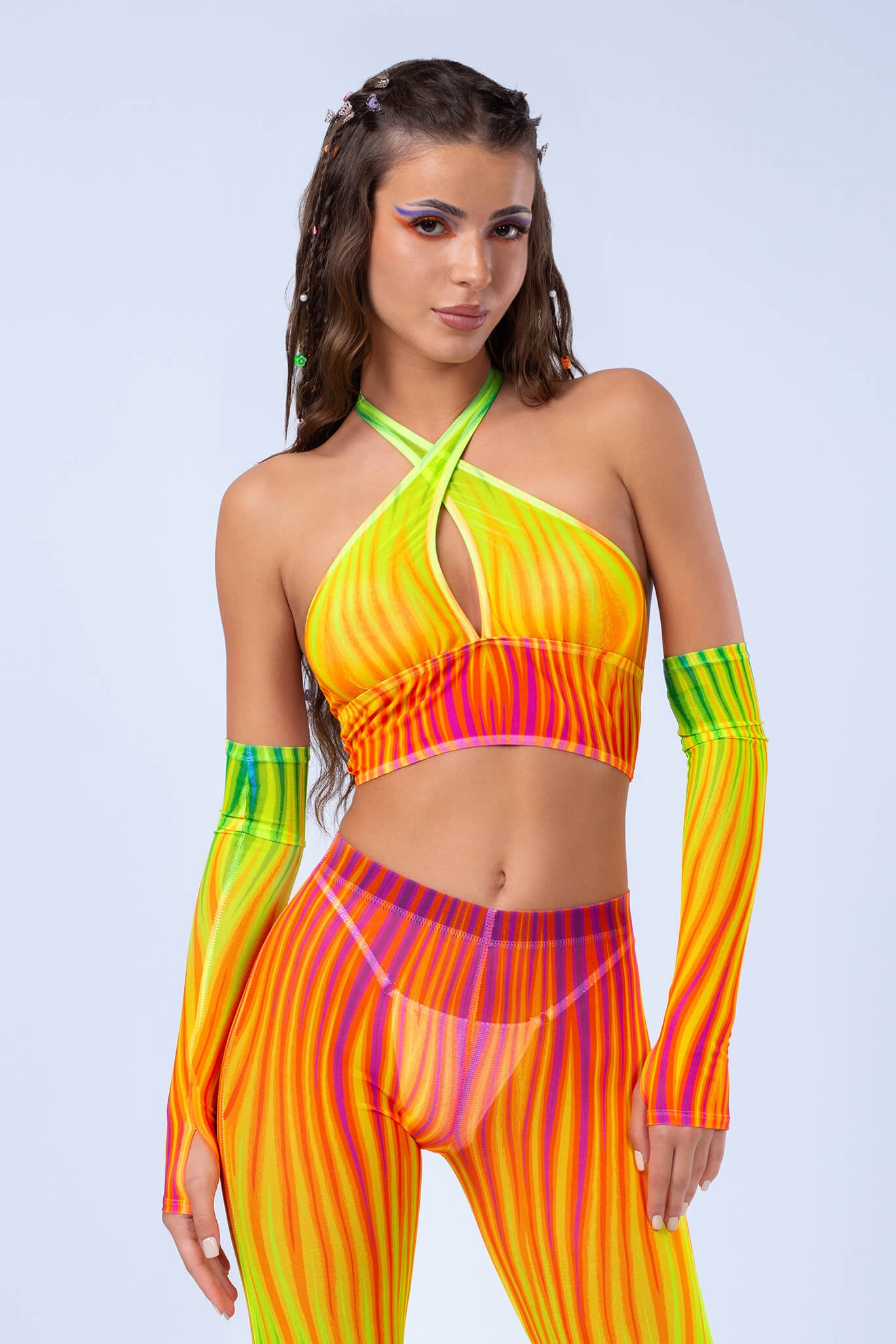 Neon Rainbow Flame Criss Cross Mesh Top