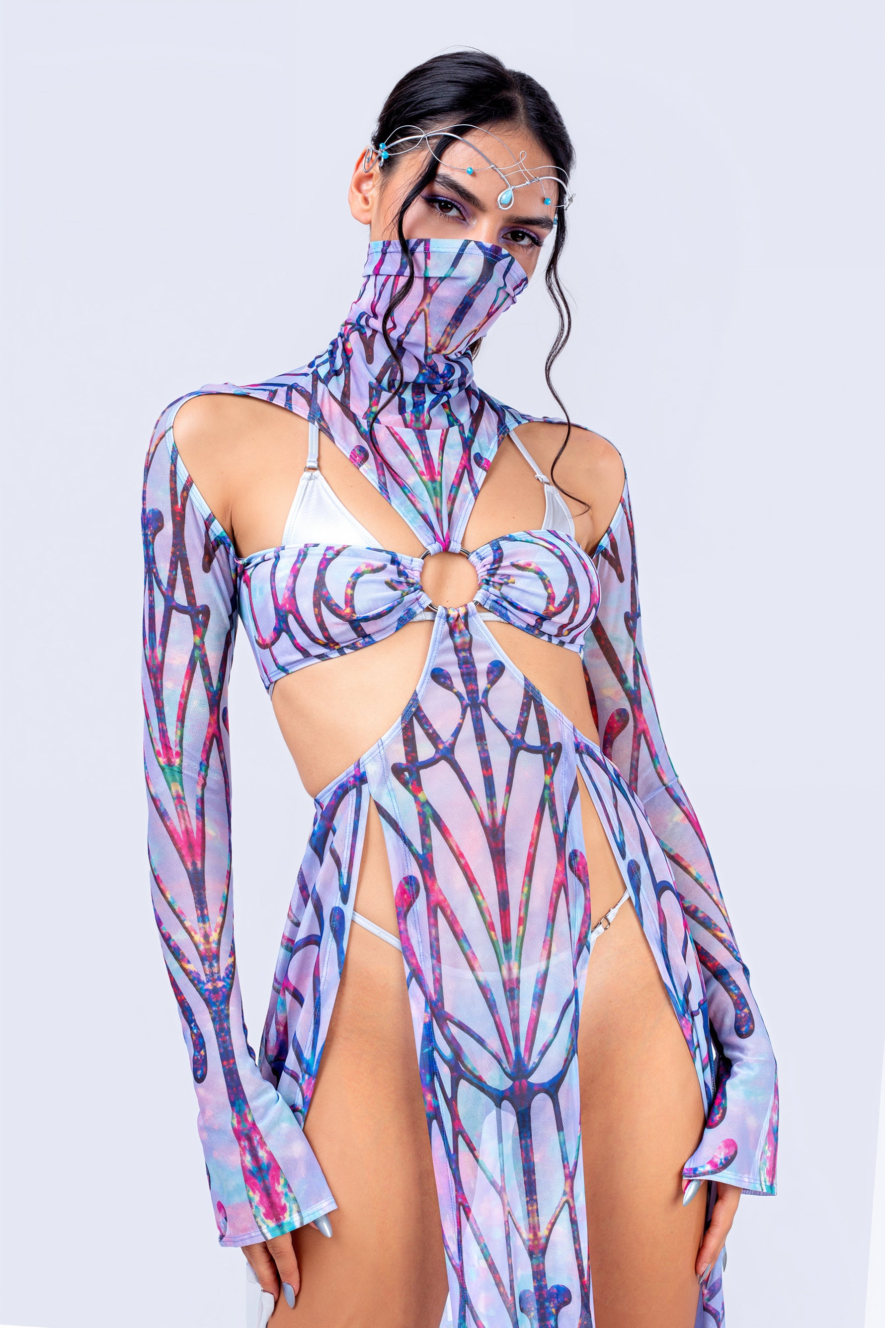 Blue Maxi Rave Dress with Slits and Flowy Paneled Design