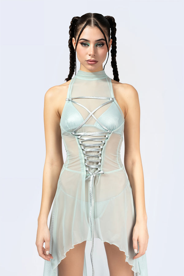 Double Take Lace Up Bodice Dress