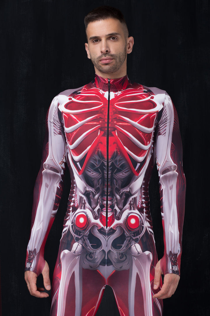 Man wearing a skeleton full-body costume in red, black, and white