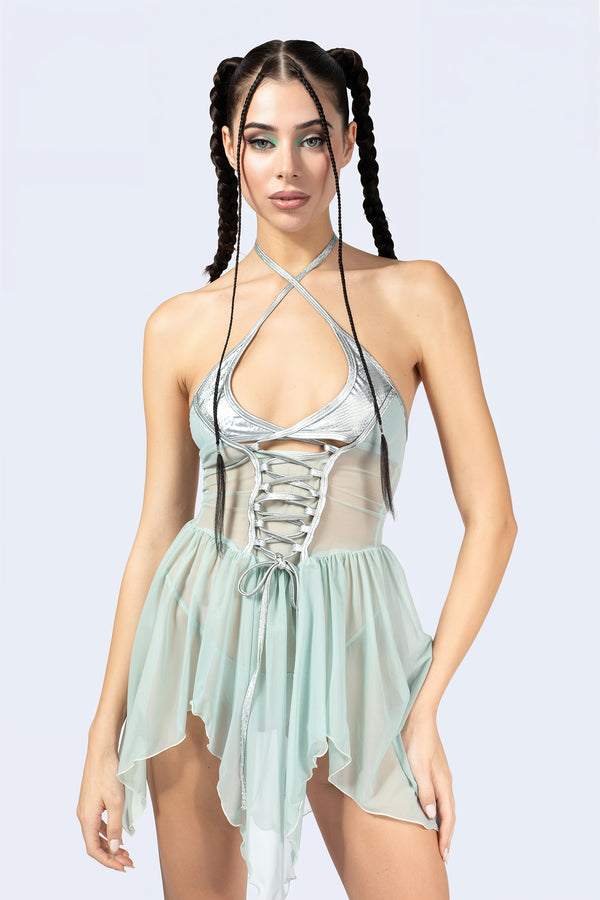 Double Take Lace Up Mini Dress