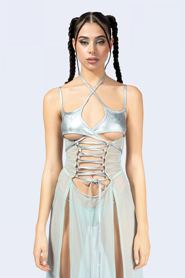 Double Take Lace Up Slit Dress