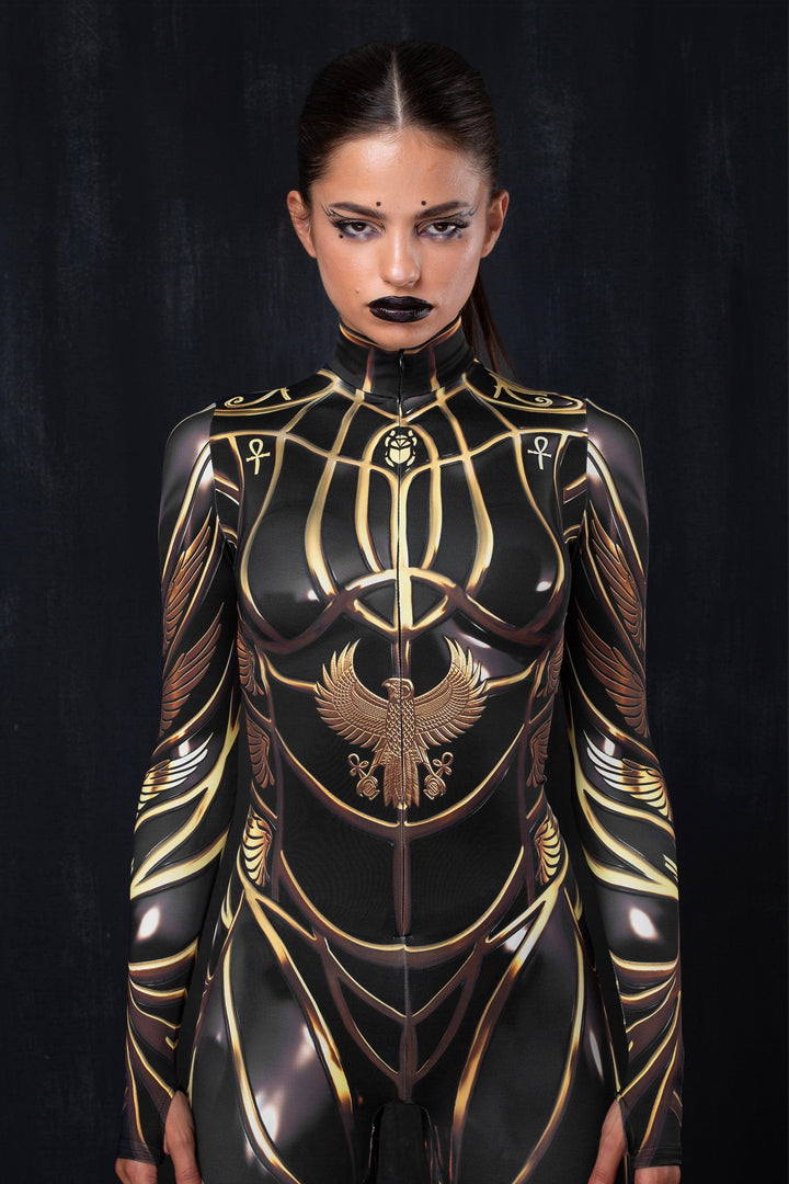 Woman wearing a sexy costume in black and gold with eagle detail