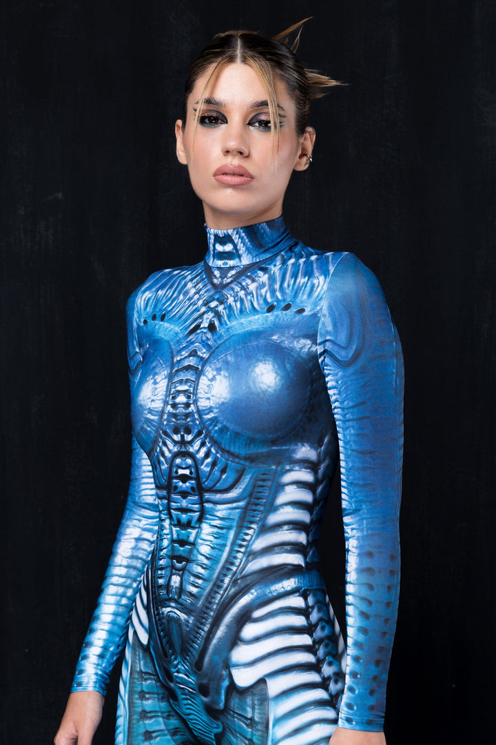 Woman in sexy full-body costume printed with futuristic pattern