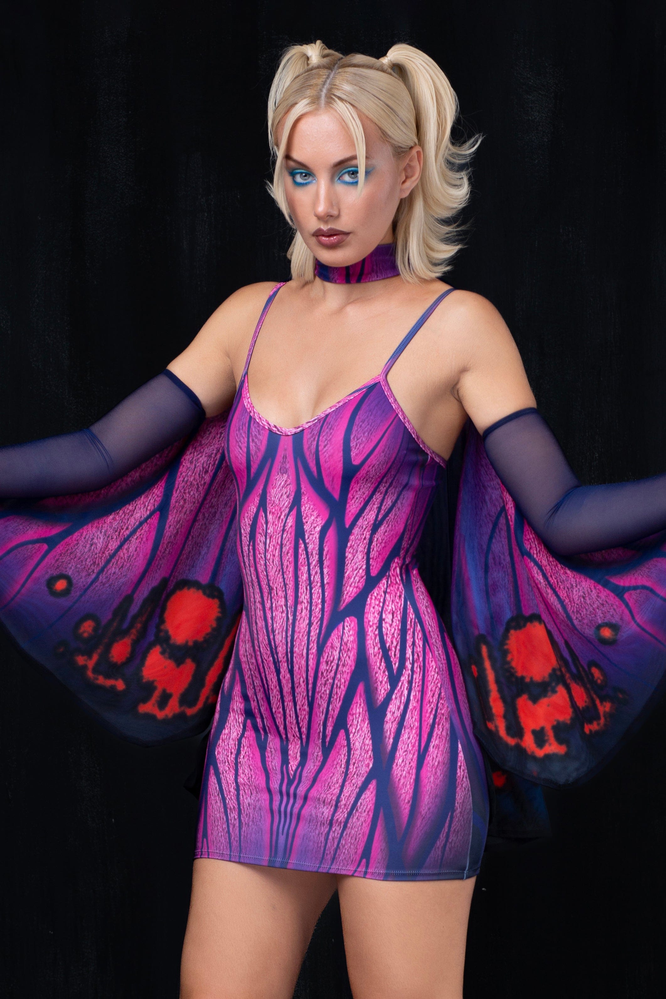 BADINKA pink and blue womens' Halloween set with short dress and detachable wings; bodycon fit in italian lycra; close-up front view