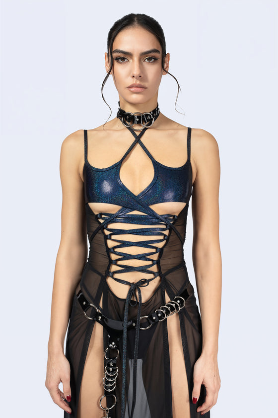 sexy gothic dress goth jacquard halter Cutiekill adjustable spaghetti straps Gothic lace see-through sexy waist