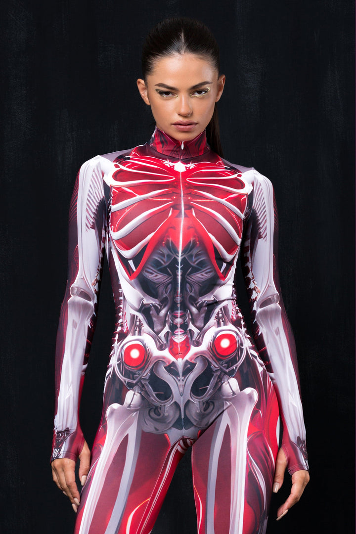 Woman wearing a skeleton full-body costume in red, black, and white