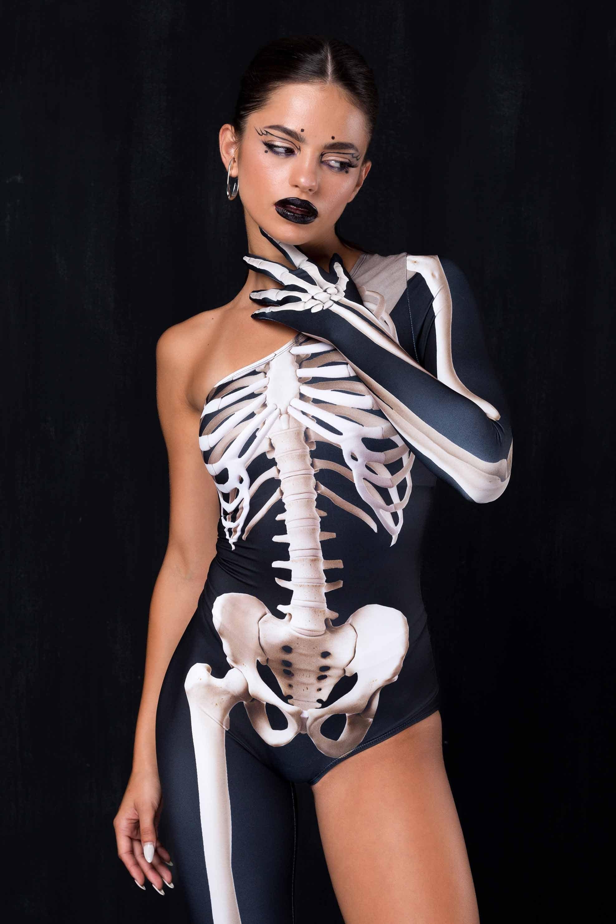 BADINKA black and white skeleton print costume with asymmetrical long sleeve and leg design; sexy women's design; close-up front view