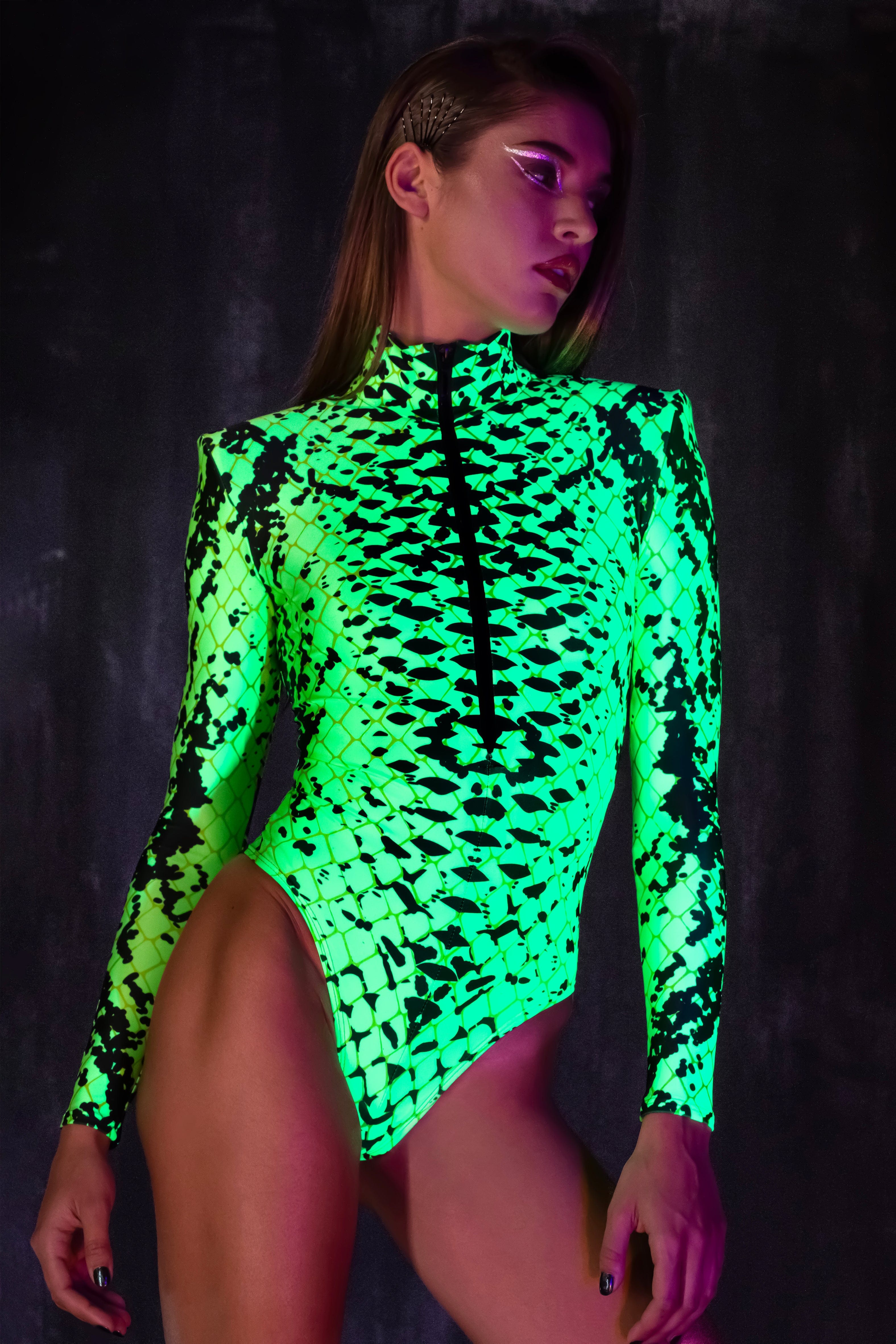 BADINKA black and green reptile bodysuit with padded shoulders and long sleeves; women's design for Halloween; close-up front view