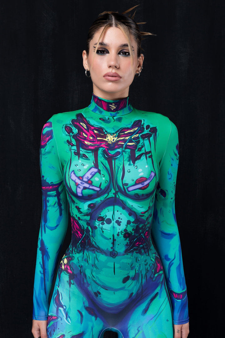 Woman in graphic printed full-body costume made of spandex