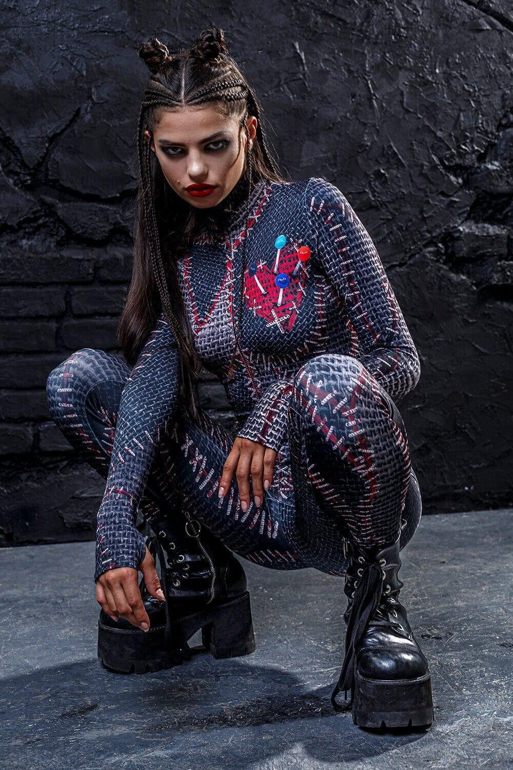 printed full-body costume for a Halloween voodoo doll character