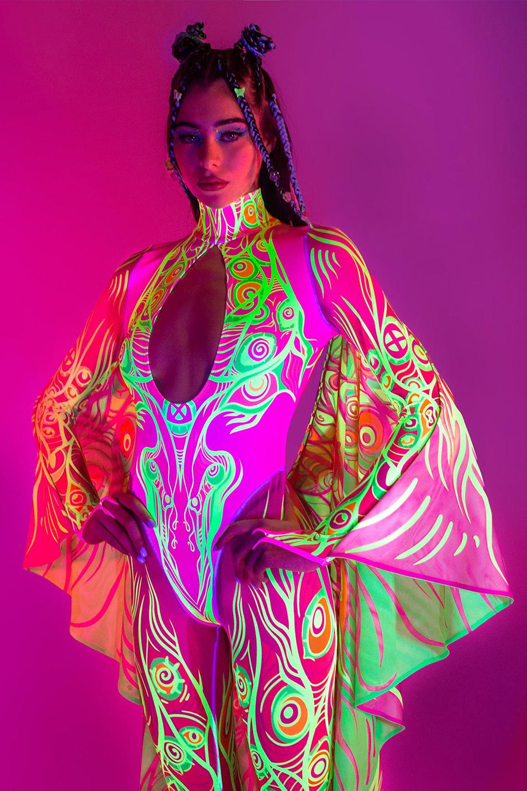 Keyhole Winged Catsuit with uv-reactive inks