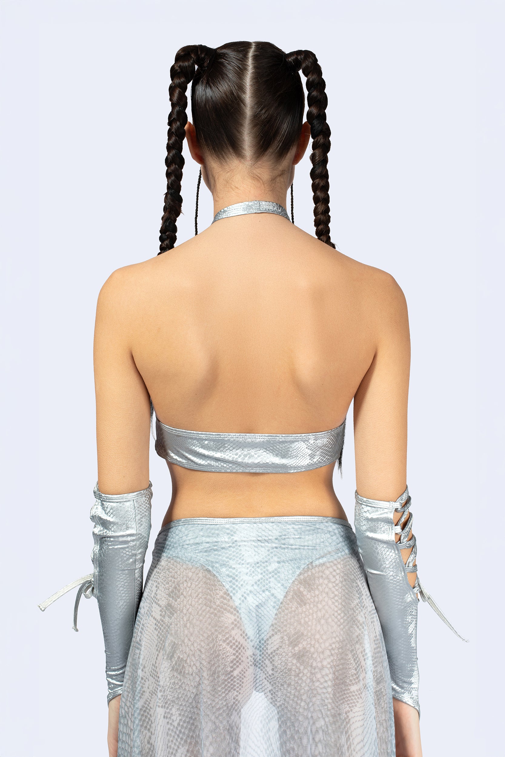 BADINKA Hard To Get Lace Up Halter Top Silver